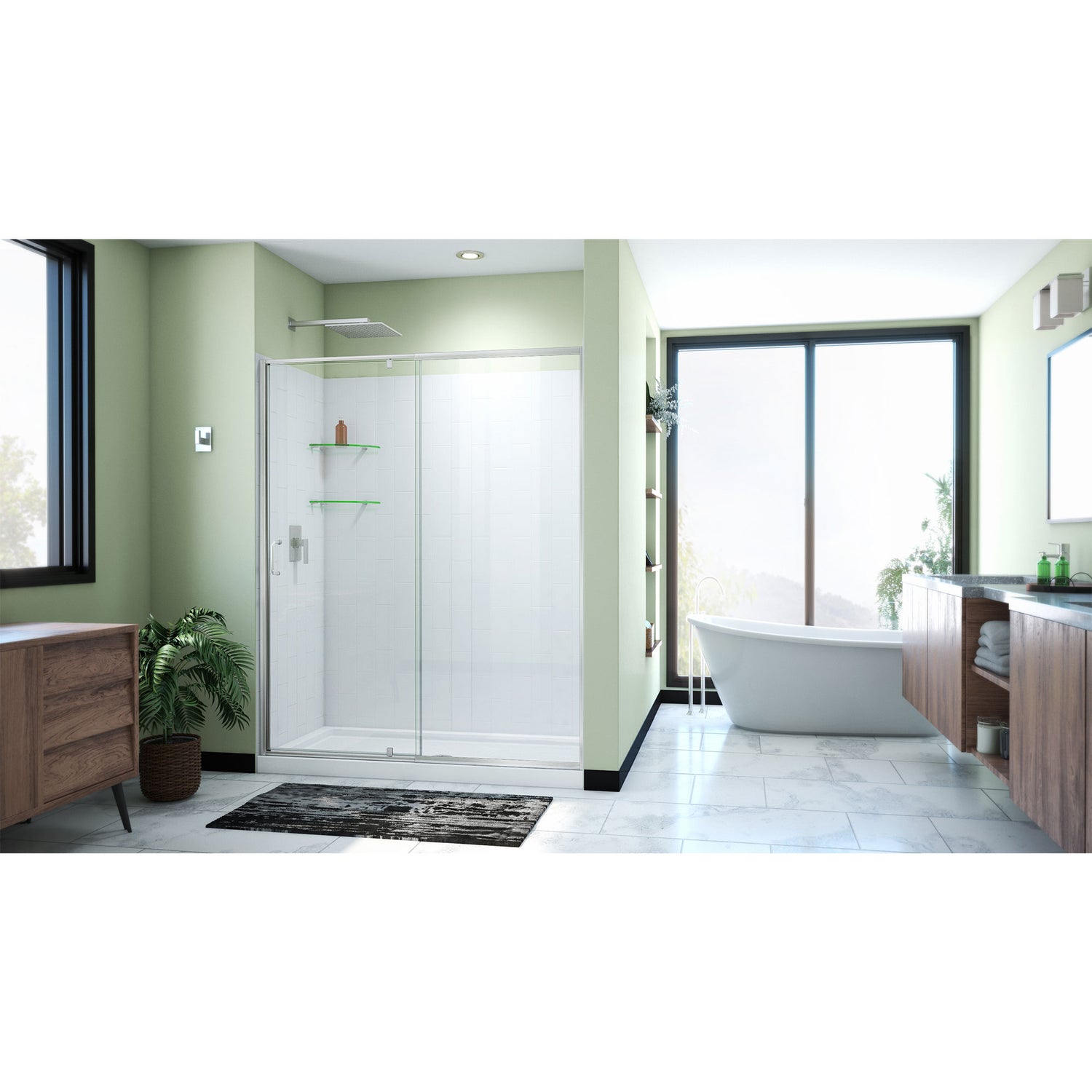 DreamLine Flex 32 in. D x 60 in. W x 78 3/4 in. H Pivot Shower Door, Base, and White Wall Kit in Brushed Nickel