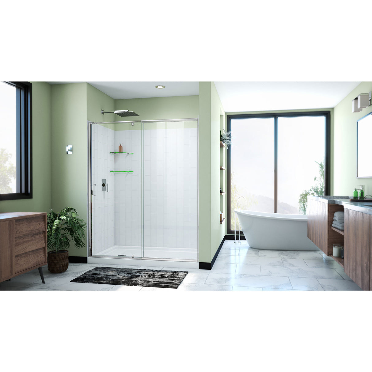 DreamLine Flex 36 in. D x 60 in. W x 78 3/4 in. H Pivot Shower Door, Base, and White Wall Kit in Chrome