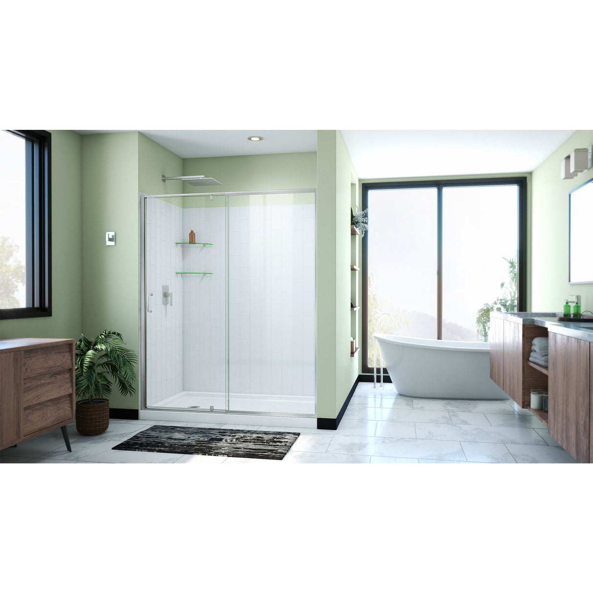 DreamLine Flex 30 in. D x 60 in. W x 78 3/4 in. H Pivot Shower Door, Base, and White Wall Kit in Brushed Nickel