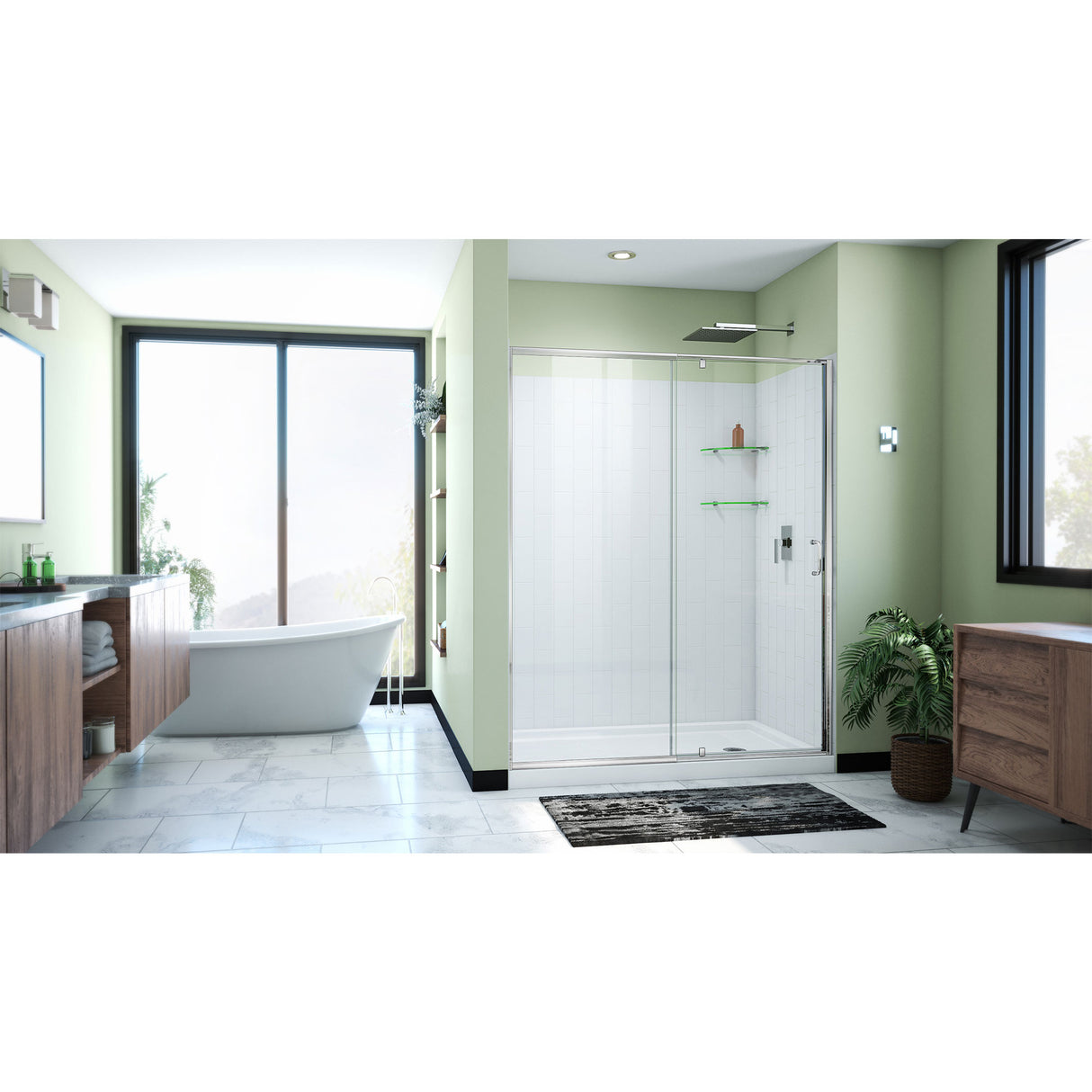 DreamLine Flex 34 in. D x 60 in. W x 78 3/4 in. H Pivot Shower Door, Base, and White Wall Kit in Chrome