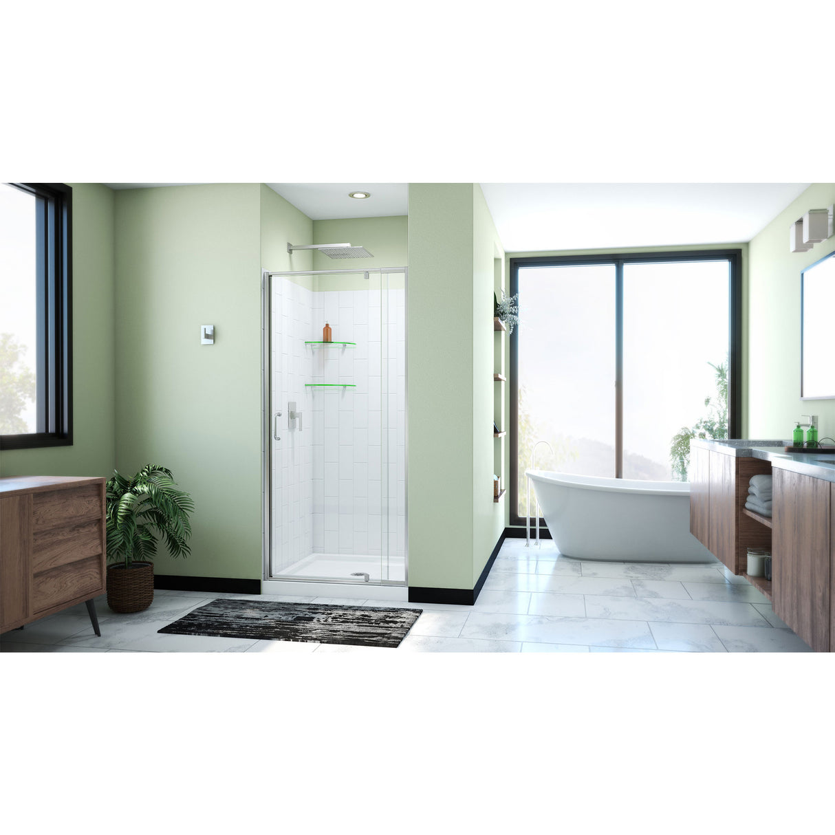 DreamLine Flex 36 in. D x 36 in. W x 78 3/4 in. H Pivot Shower Door, Base, and White Wall Kit in Brushed Nickel