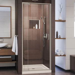 DreamLine Flex 32 in. D x 32 in. W x 74 3/4 in. H Semi-Frameless Pivot Shower Door in Brushed Nickel and Center Drain Biscuit Base