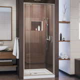 DreamLine Flex 32 in. D x 32 in. W x 74 3/4 in. H Semi-Frameless Pivot Shower Door in Brushed Nickel and Center Drain White Base