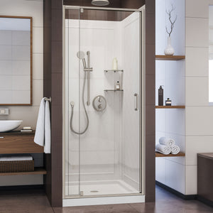 DreamLine Flex 32 in. D x 32 in. W x 76 3/4 in. H Semi-Frameless Shower Door in Brushed Nickel with White Base and Wall Kit