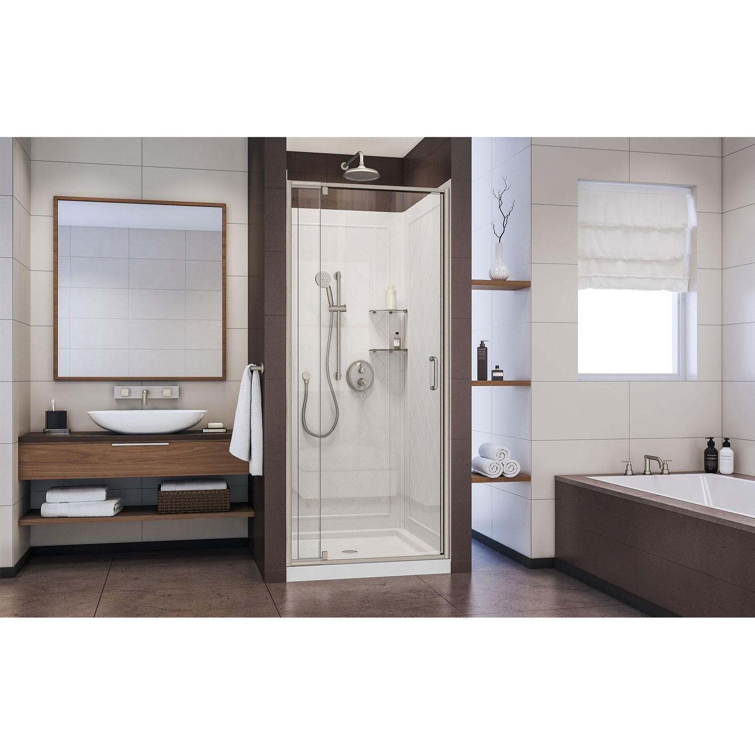 DreamLine Flex 36 in. D x 36 in. W x 76 3/4 in. H Semi-Frameless Shower Door in Brushed Nickel with White Base and Wall Kit