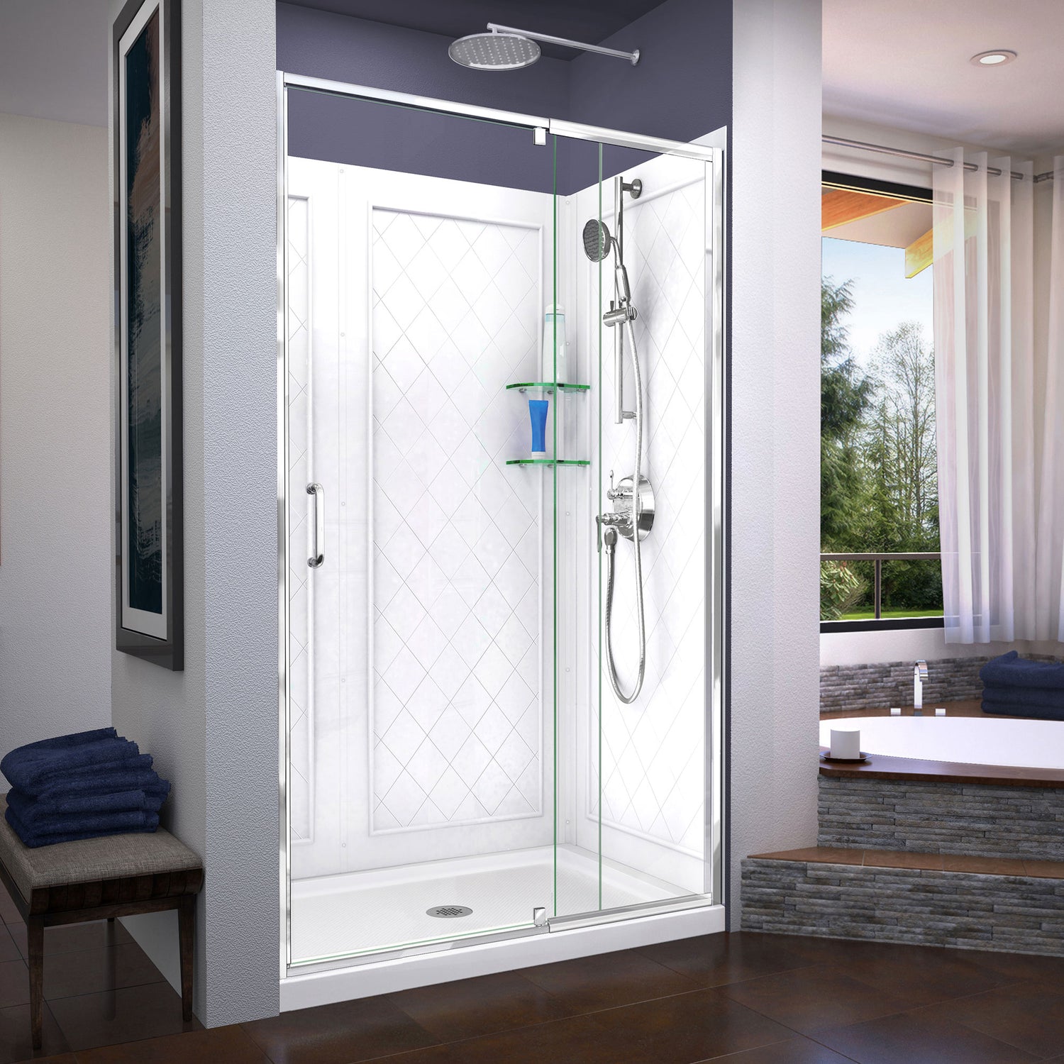 DreamLine Flex 36 in. D x 48 in. W x 76 3/4 in. H Semi-Frameless Shower Door in Chrome with Center Drain White Base and Wall Kit