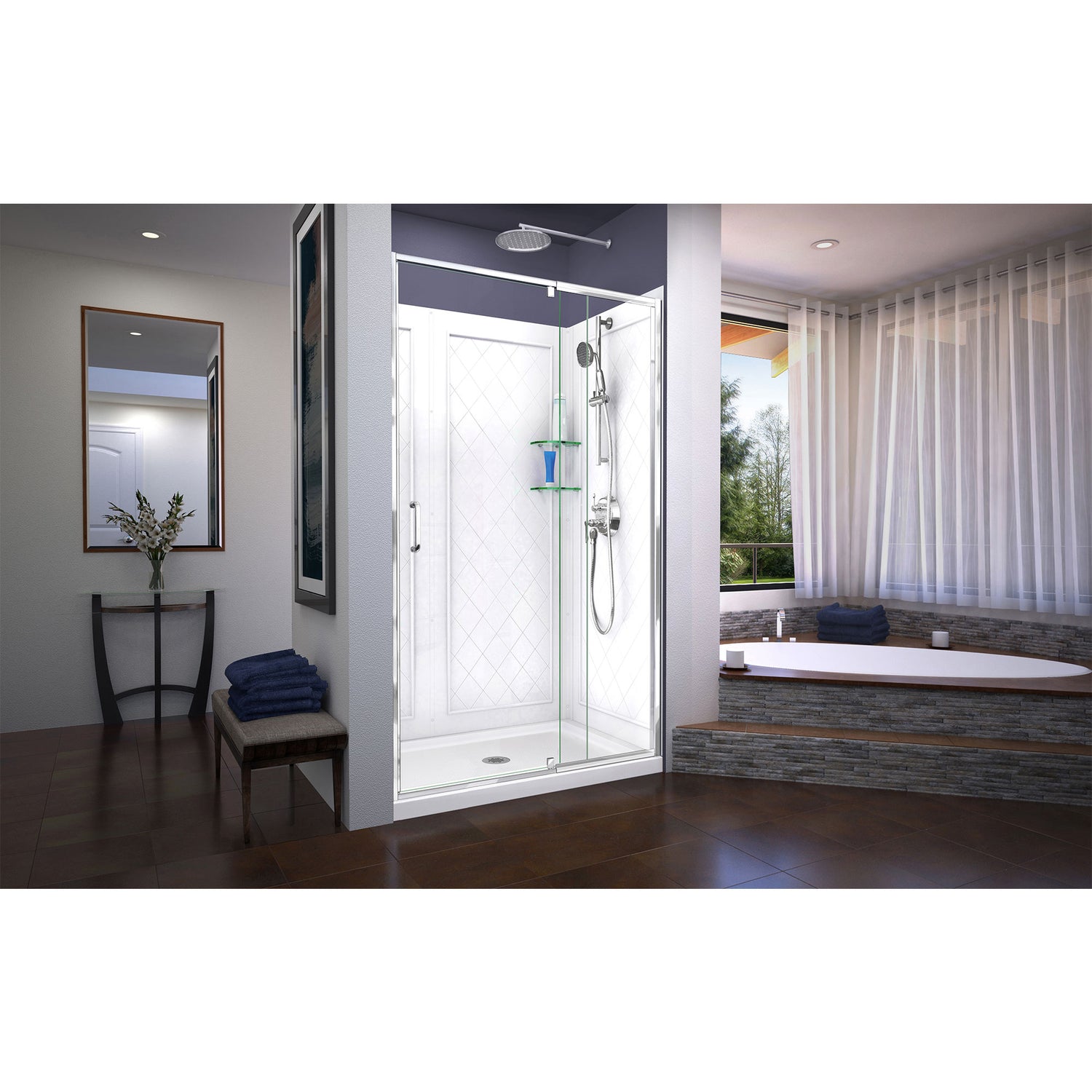 DreamLine Flex 36 in. D x 48 in. W x 76 3/4 in. H Semi-Frameless Shower Door in Chrome with Center Drain White Base and Wall Kit