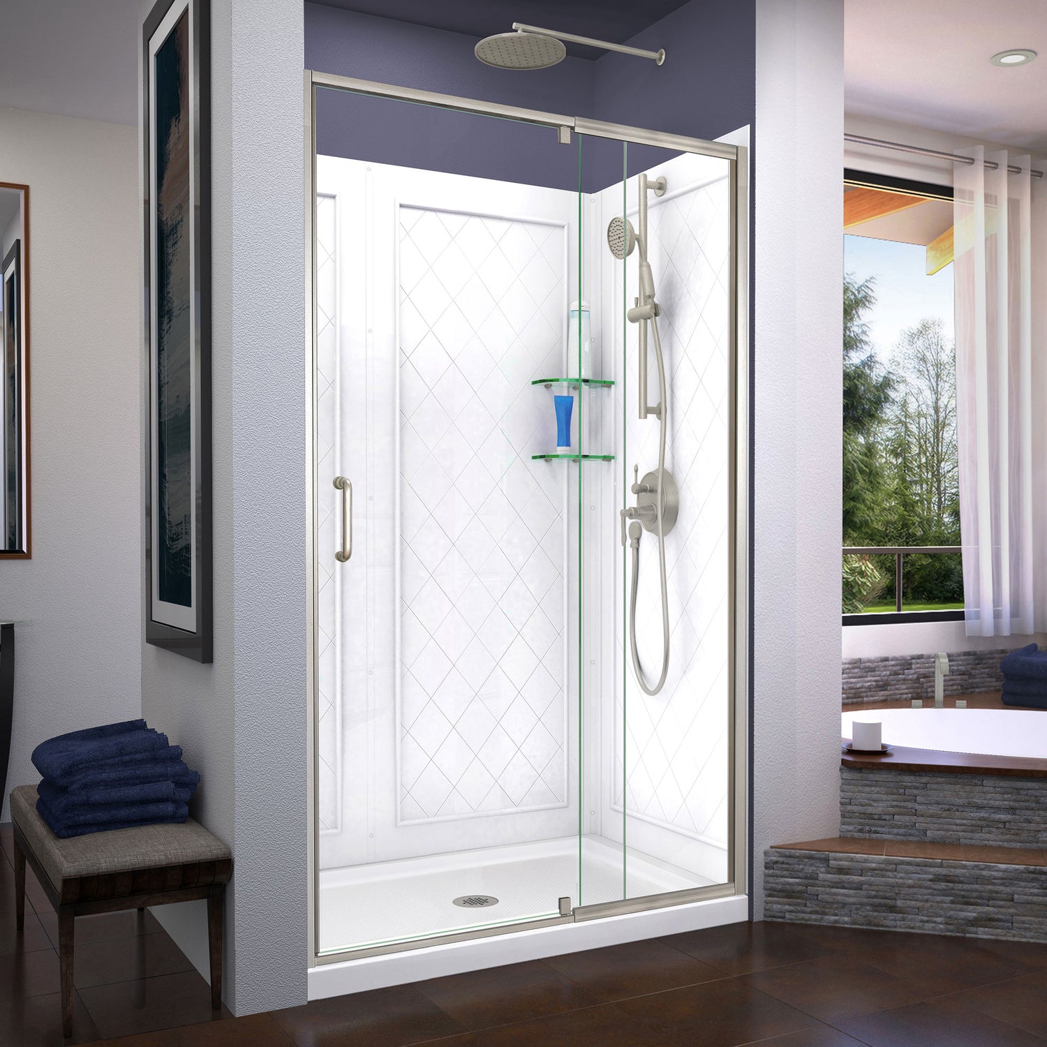 DreamLine Flex 36 in. D x 48 in. W x 76 3/4 in. H Semi-Frameless Shower Door in Brushed Nickel with Center Drain Base, Wall Kit
