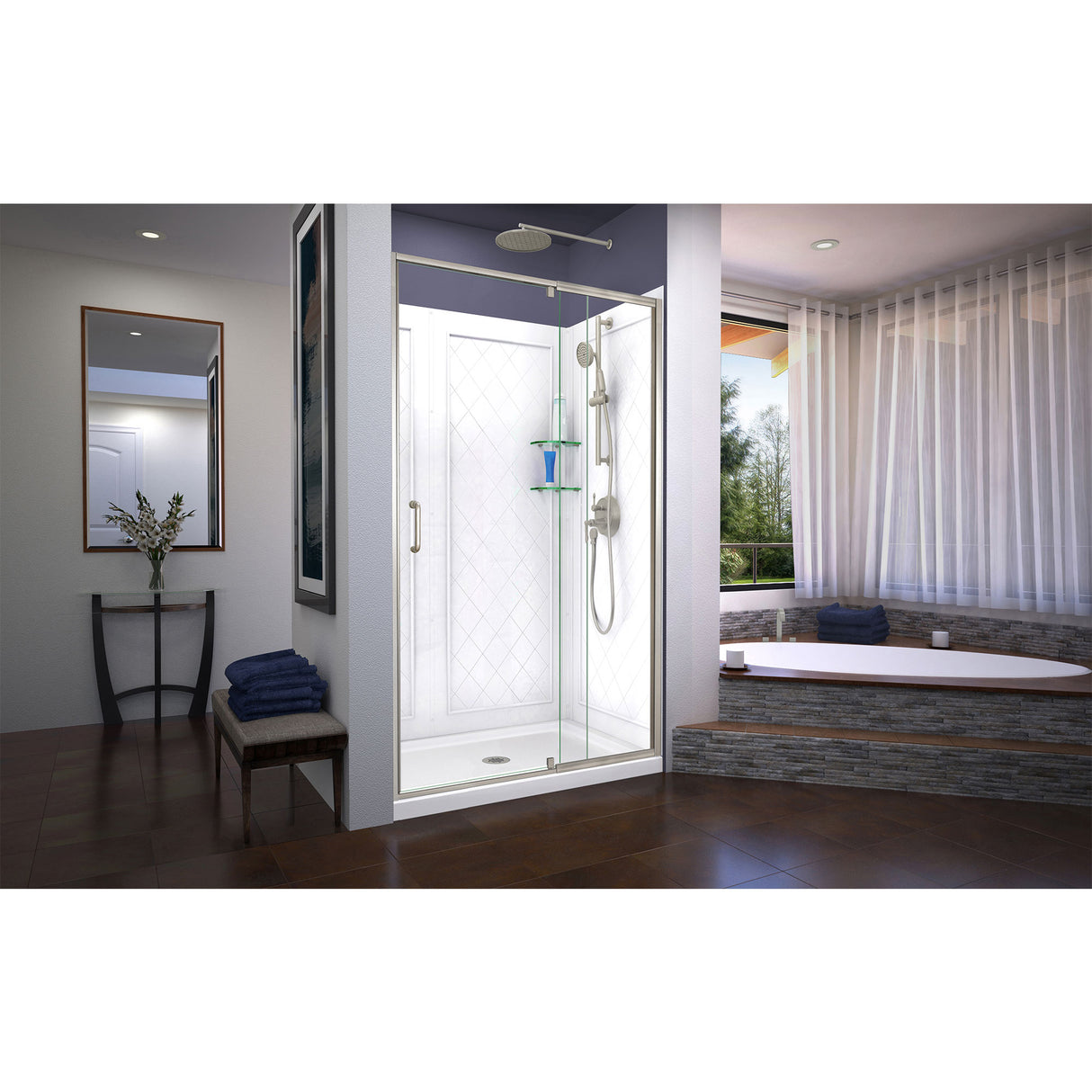 DreamLine Flex 36 in. D x 48 in. W x 76 3/4 in. H Semi-Frameless Shower Door in Brushed Nickel with Center Drain Base, Wall Kit