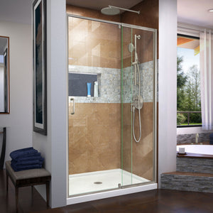 DreamLine Flex 32 in. D x 42 in. W x 74 3/4 in. H Semi-Frameless Shower Door in Brushed Nickel with Center Drain White Base Kit
