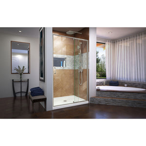 DreamLine Flex 36 in. D x 48 in. W x 74 3/4 in. H Semi-Frameless Shower Door in Brushed Nickel with Center Drain White Base Kit