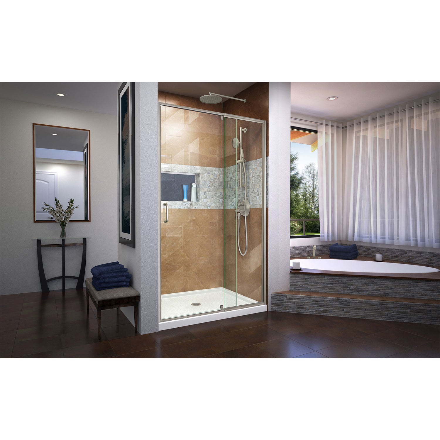 DreamLine Flex 32 in. D x 42 in. W x 74 3/4 in. H Semi-Frameless Shower Door in Brushed Nickel with Center Drain White Base Kit