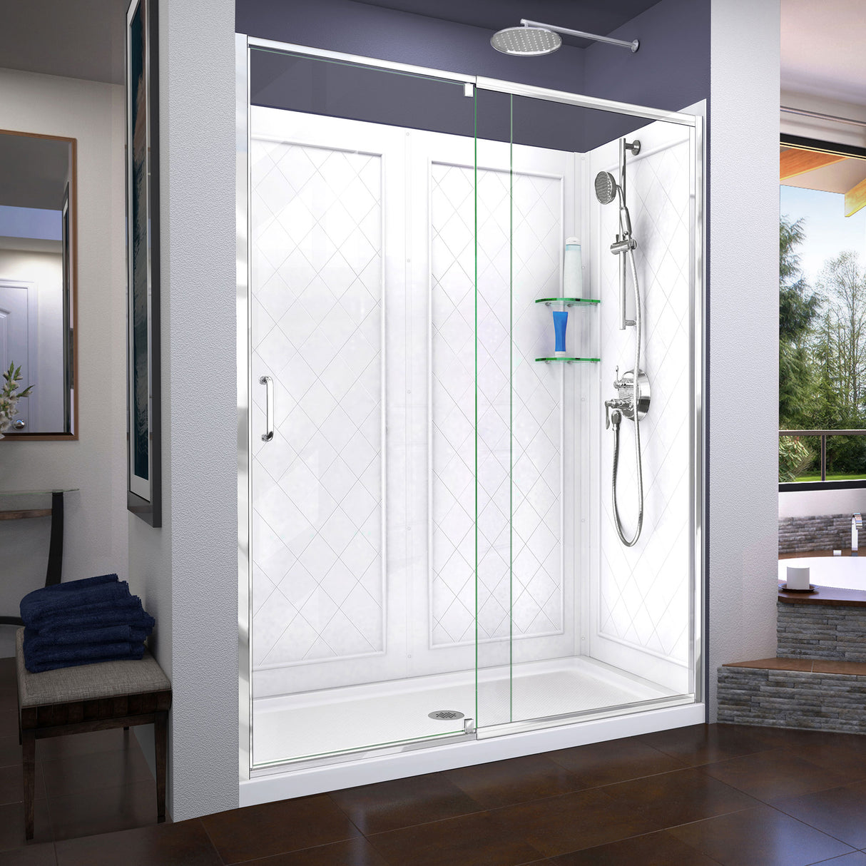 DreamLine Flex 32 in. D x 60 in. W x 76 3/4 in. H Semi-Frameless Shower Door in Chrome with Center Drain White Base and Wall Kit