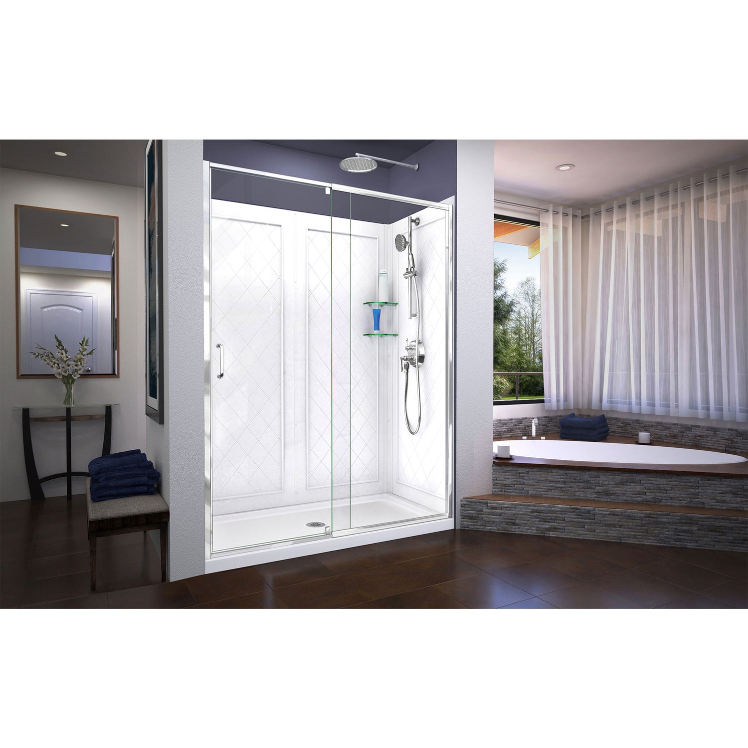 DreamLine Flex 34 in. D x 60 in. W x 76 3/4 in. H Semi-Frameless Shower Door in Chrome with Center Drain White Base and Wall Kit