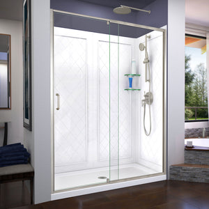 DreamLine Flex 32 in. D x 60 in. W x 76 3/4 in. H Semi-Frameless Shower Door in Brushed Nickel with Center Drain Base, Wall Kit