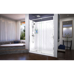 DreamLine Flex 36 in. D x 60 in. W x 76 3/4 in. H Semi-Frameless Shower Door in Chrome with Left Drain White Base and Wall Kit