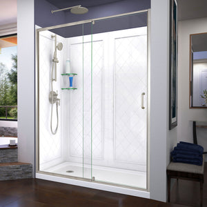 DreamLine Flex 32 in. D x 60 in. W x 76 3/4 in. H Semi-Frameless Shower Door in Brushed Nickel with Left Drain Base and Wall Kit