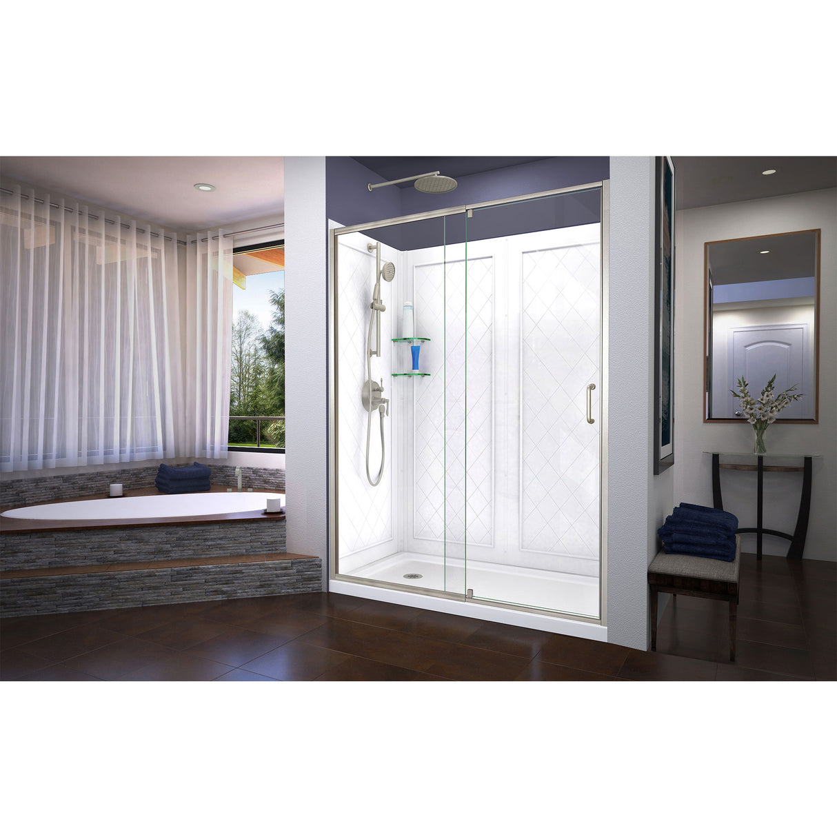 DreamLine Flex 36 in. D x 60 in. W x 76 3/4 in. H Semi-Frameless Shower Door in Brushed Nickel with Left Drain Base and Wall Kit