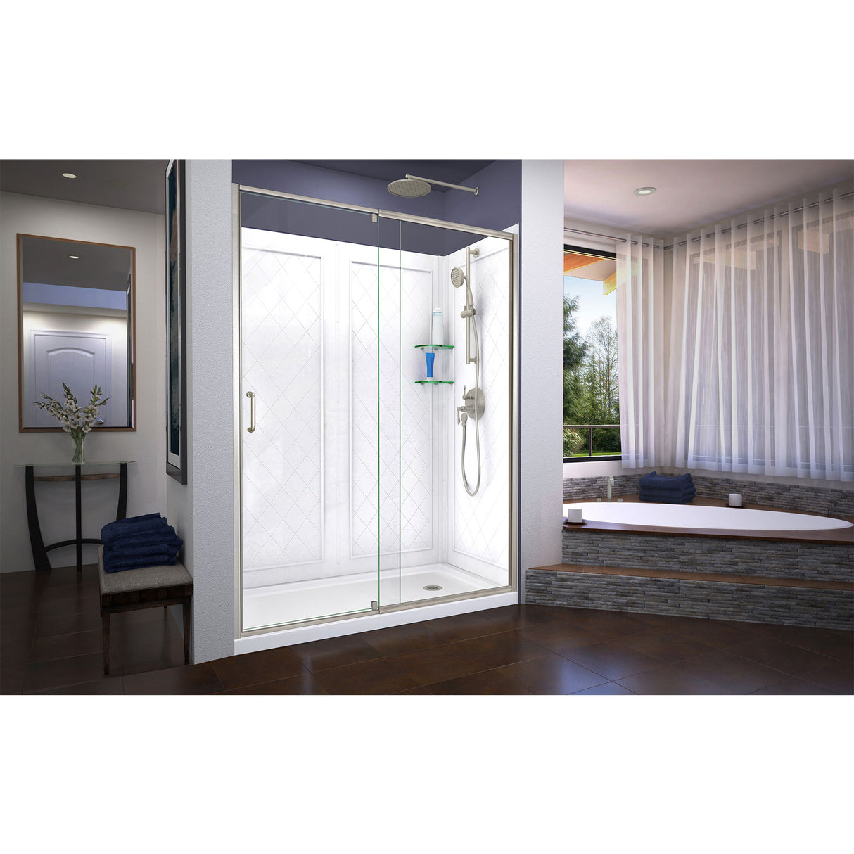 DreamLine Flex 36 in. D x 60 in. W x 76 3/4 in. H Semi-Frameless Shower Door in Brushed Nickel with Right Drain Base and Wall Kit