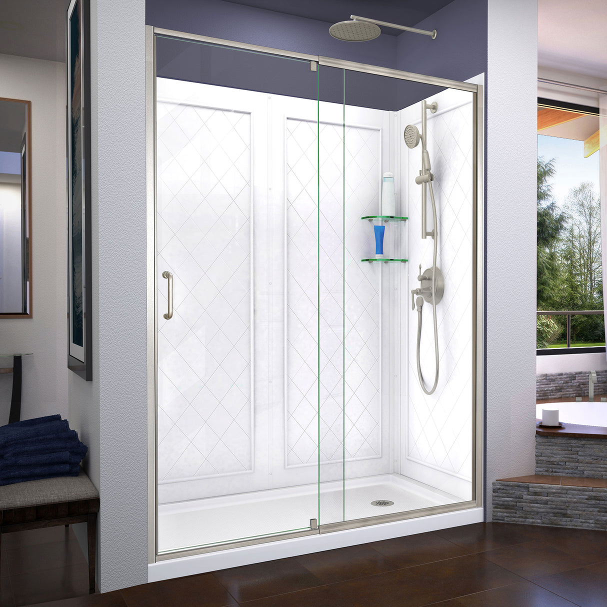 DreamLine Flex 32 in. D x 60 in. W x 76 3/4 in. H Semi-Frameless Shower Door in Brushed Nickel with Right Drain Base and Wall Kit