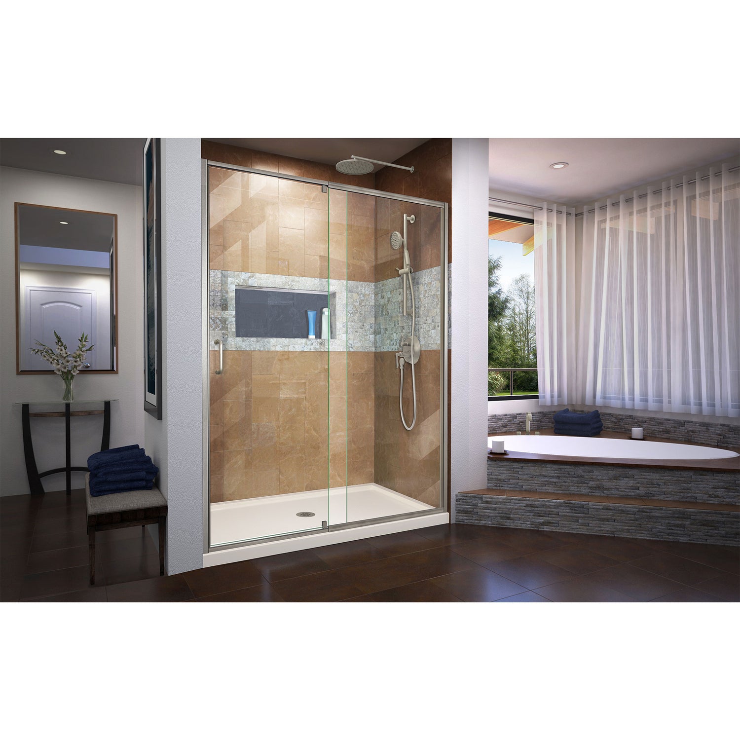 DreamLine Flex 34 in. D x 60 in. W x 74 3/4 in. H Semi-Frameless Shower Door in Brushed Nickel with Center Drain Biscuit Base Kit