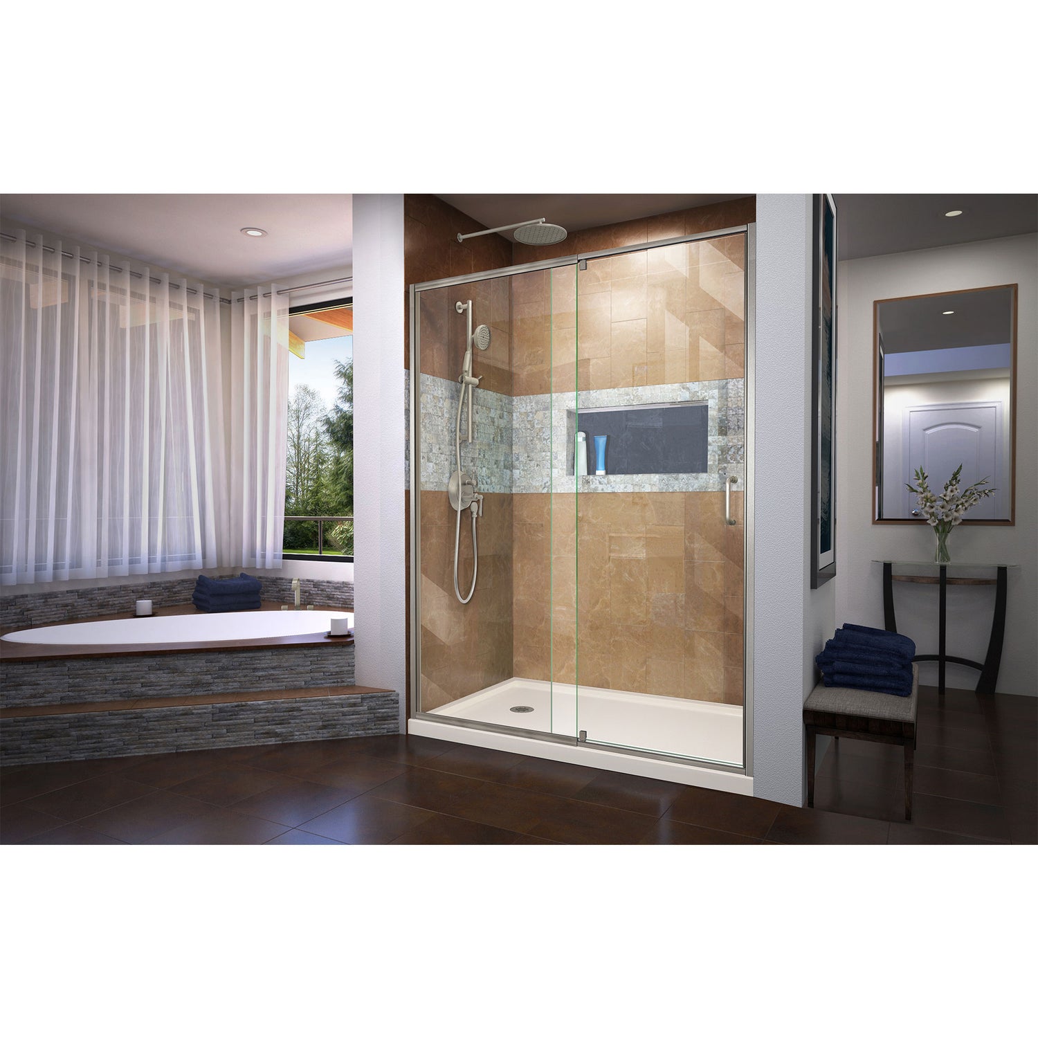 DreamLine Flex 32 in. D x 60 in. W x 74 3/4 in. H Semi-Frameless Shower Door in Brushed Nickel with Left Drain Biscuit Base Kit