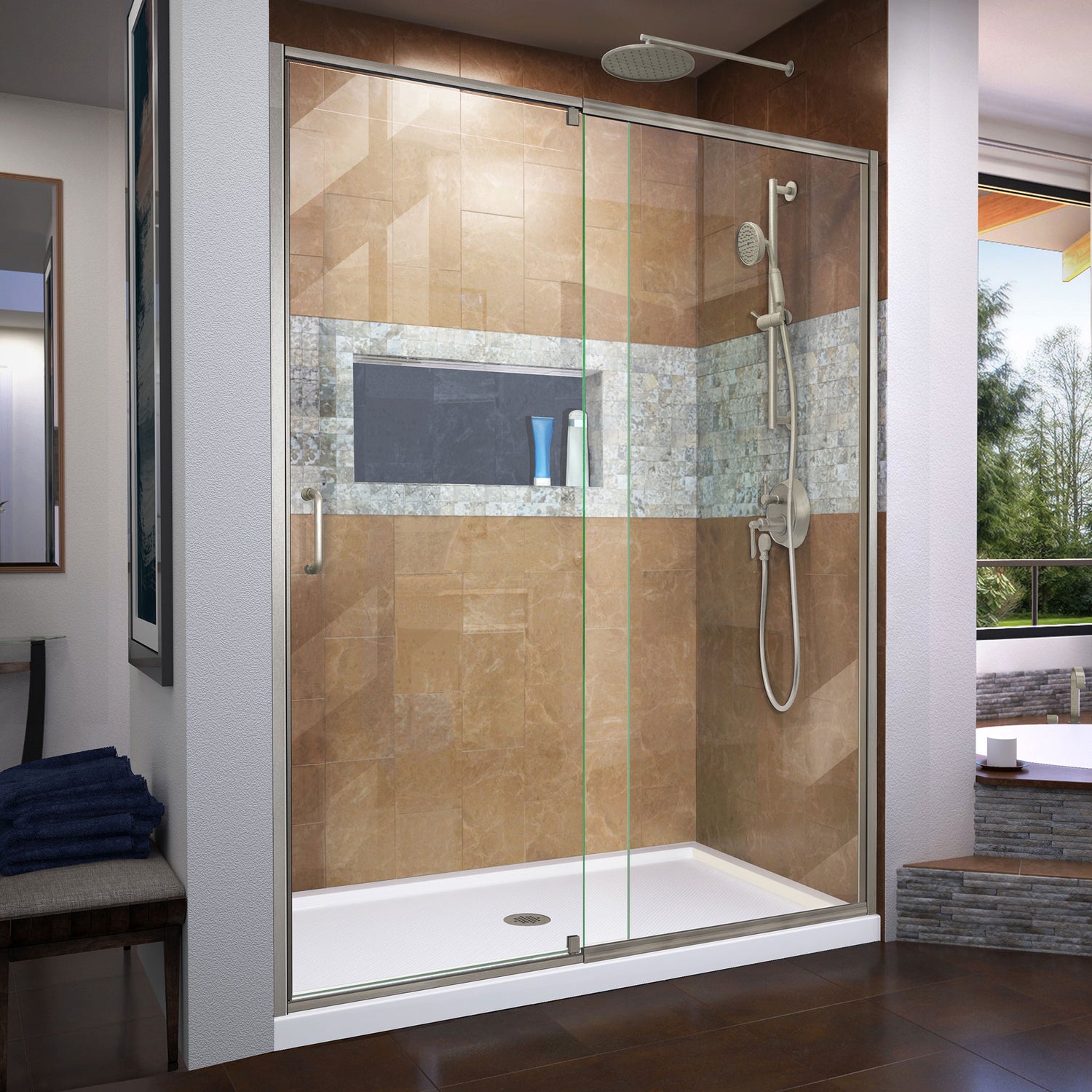 DreamLine Flex 34 in. D x 60 in. W x 74 3/4 in. H Semi-Frameless Shower Door in Brushed Nickel with Center Drain White Base Kit