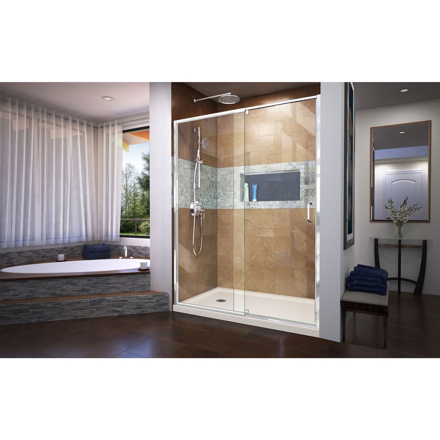 DreamLine Flex 32 in. D x 60 in. W x 74 3/4 in. H Semi-Frameless Pivot Shower Door in Chrome with Left Drain Biscuit Base Kit