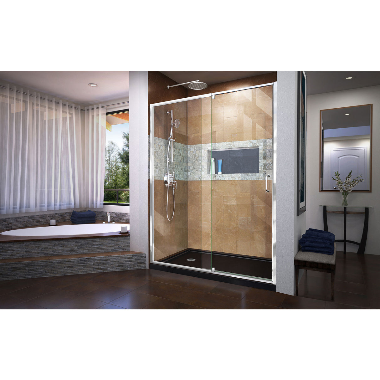DreamLine Flex 34 in. D x 60 in. W x 74 3/4 in. H Semi-Frameless Pivot Shower Door in Chrome with Left Drain Black Base Kit