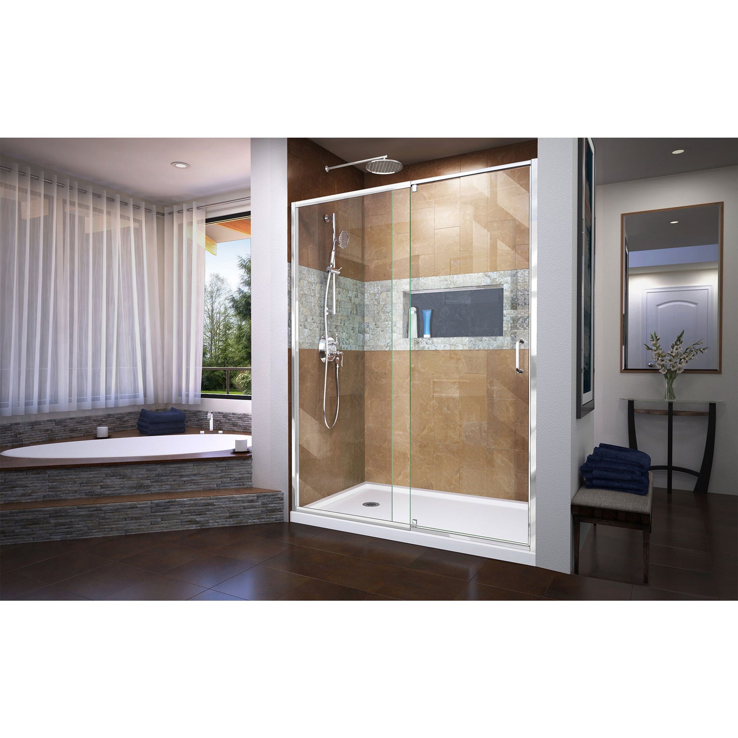 DreamLine Flex 30 in. D x 60 in. W x 74 3/4 in. H Semi-Frameless Pivot Shower Door in Chrome with Left Drain White Base Kit