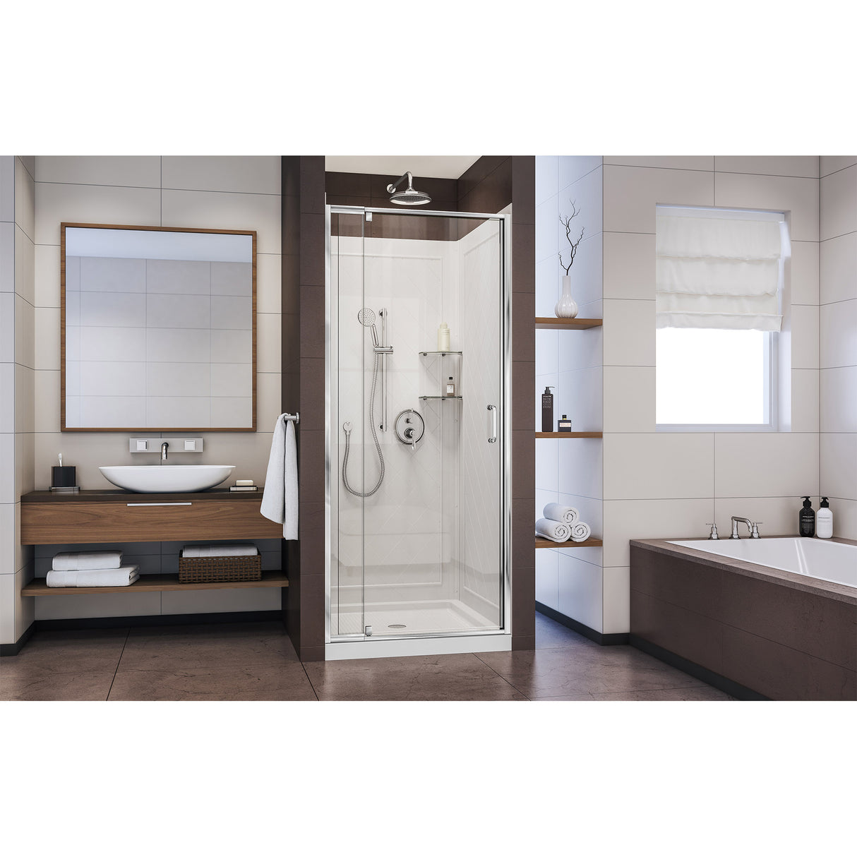 DreamLine Flex 32 in. D x 32 in. W x 76 3/4 in. H Semi-Frameless Shower Door in Chrome with White Base and Wall Kit