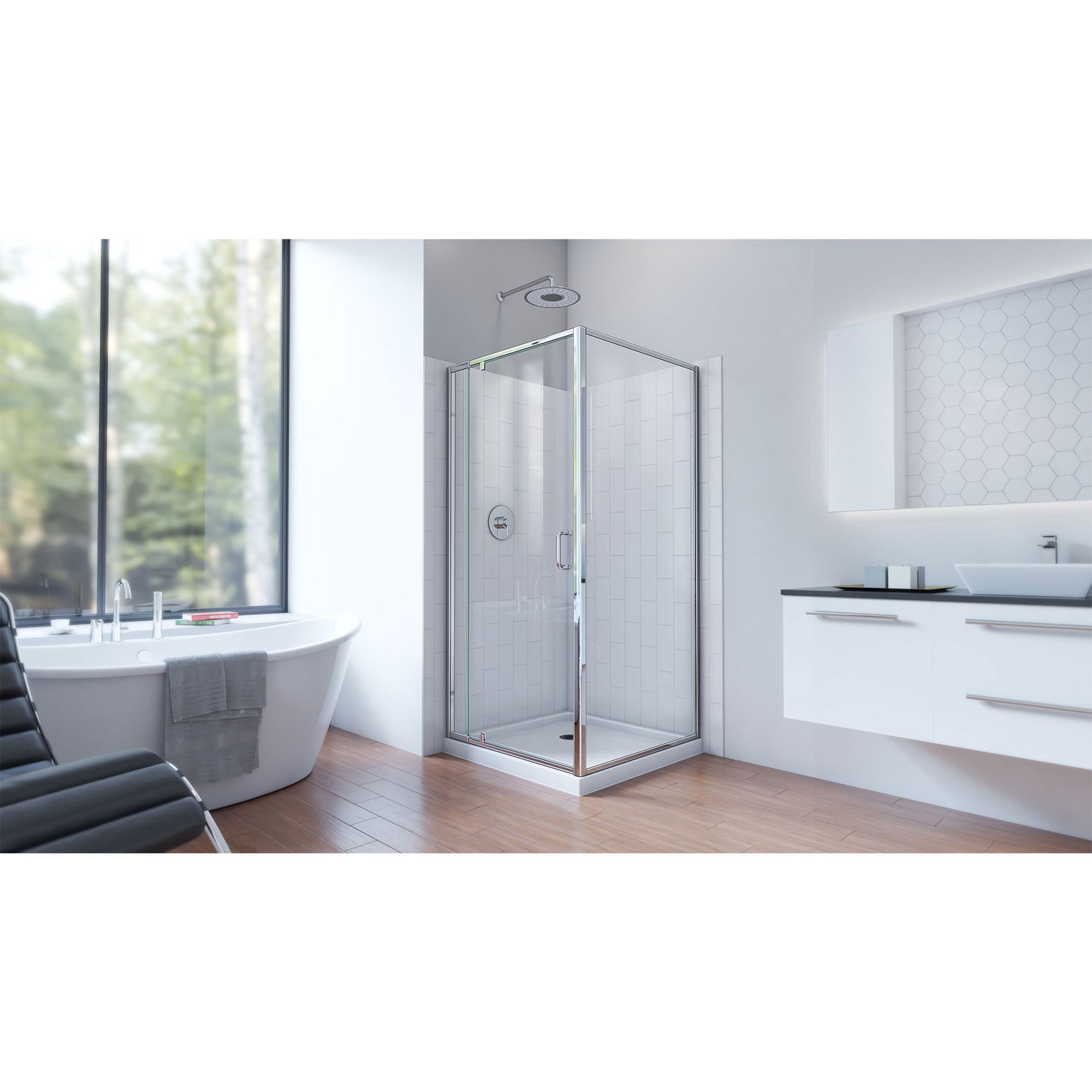 DreamLine Flex 36 in. D x 36 in. W x 78 3/4 in. H Pivot Shower Enclosure, Base, and White Wall Kit in Chrome
