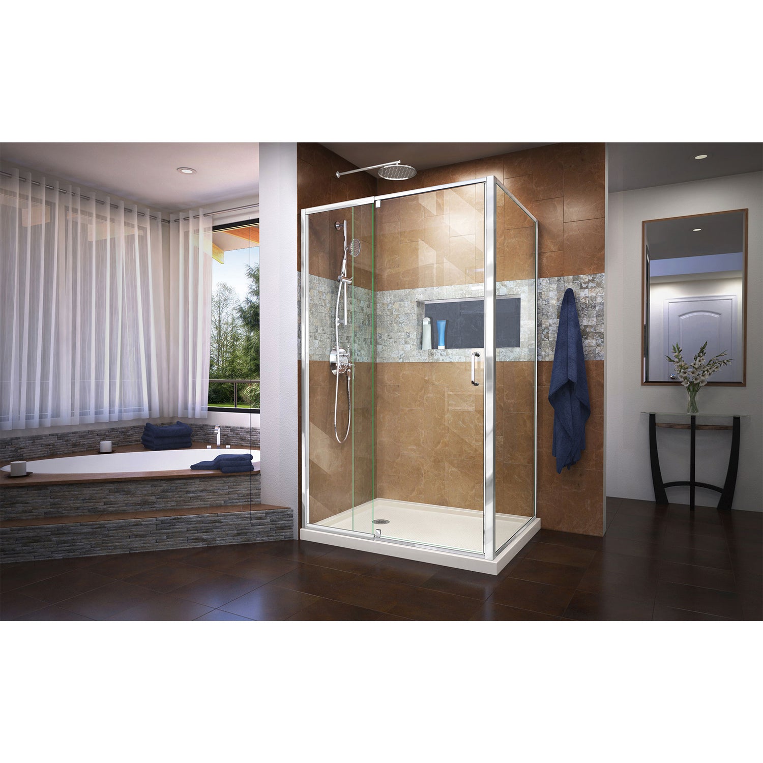 DreamLine Flex 36 in. D x 48 in. W x 74 3/4 in. H Semi-Frameless Pivot Shower Enclosure in Chrome with Left Drain Biscuit Base Kit