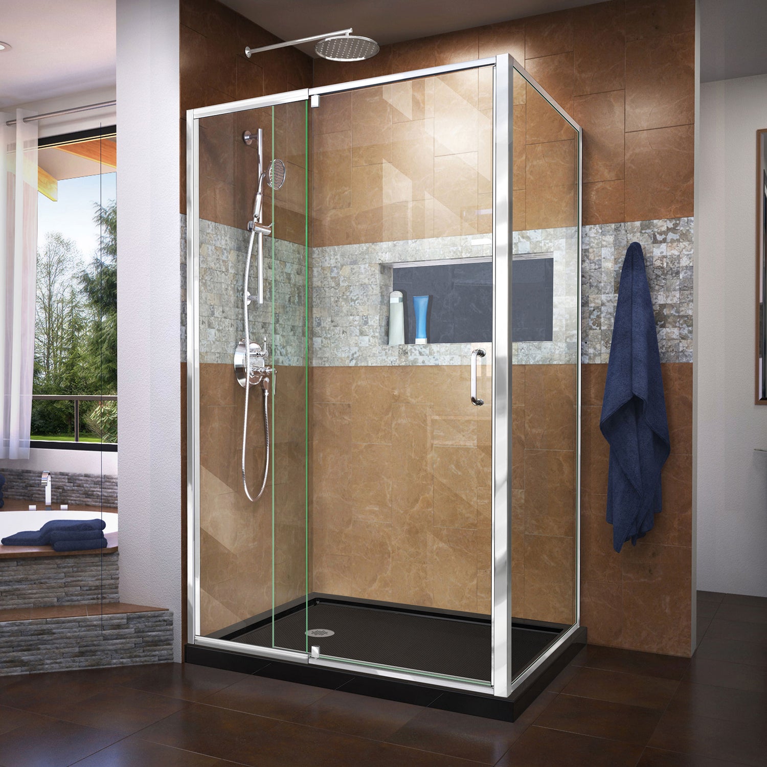 DreamLine Flex 36 in. D x 48 in. W x 74 3/4 in. H Semi-Frameless Pivot Shower Enclosure in Chrome with Left Drain Black Base Kit