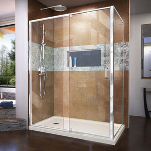 DreamLine Flex 36 in. D x 60 in. W x 74 3/4 in. H Semi-Frameless Pivot Shower Enclosure in Chrome with Left Drain Biscuit Base Kit
