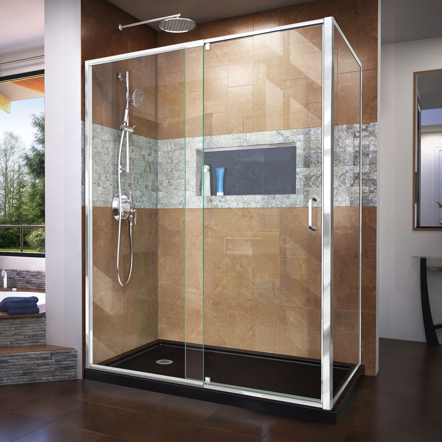 DreamLine Flex 36 in. D x 60 in. W x 74 3/4 in. H Semi-Frameless Pivot Shower Enclosure in Chrome with Left Drain Black Base Kit