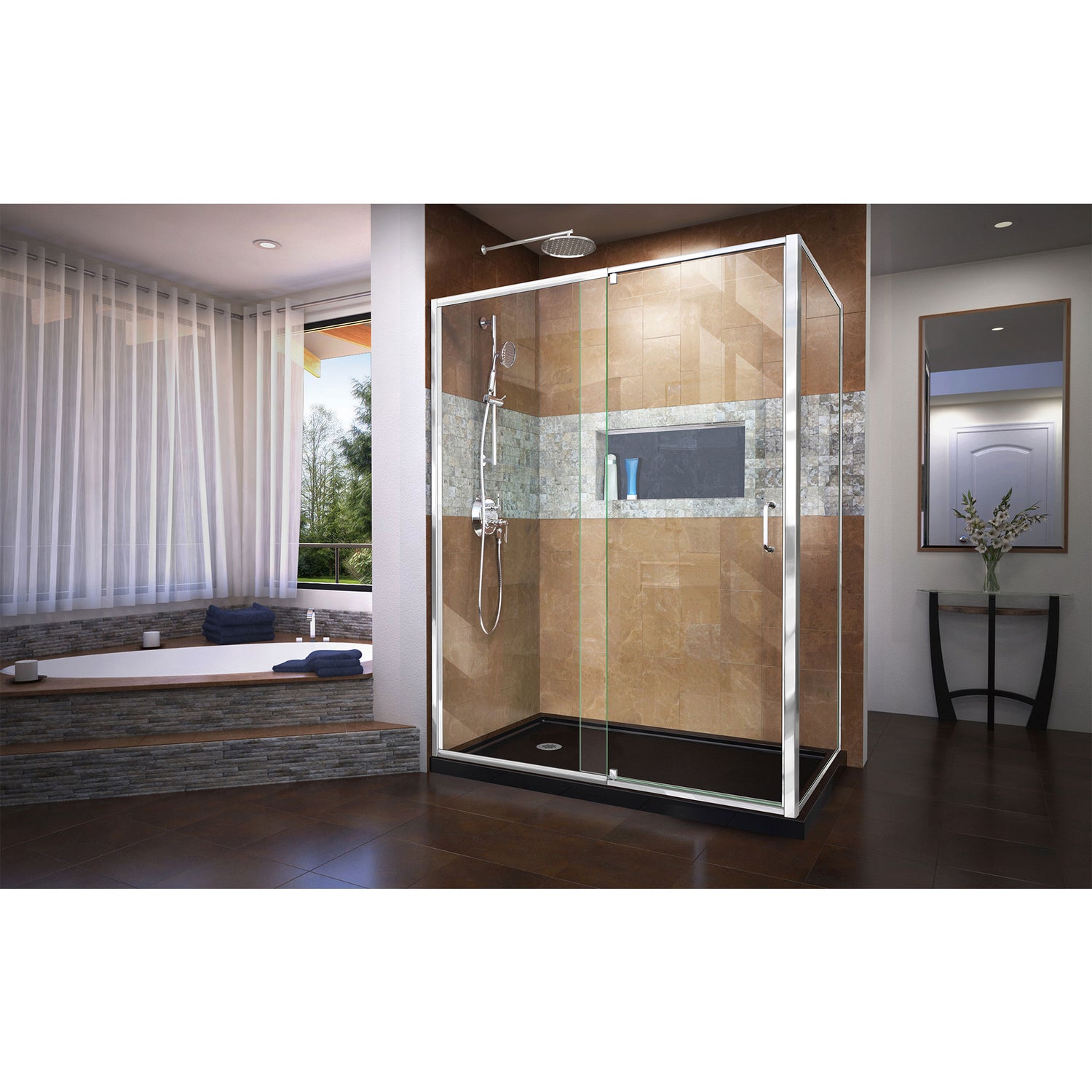 DreamLine Flex 36 in. D x 60 in. W x 74 3/4 in. H Semi-Frameless Pivot Shower Enclosure in Chrome with Left Drain Black Base Kit