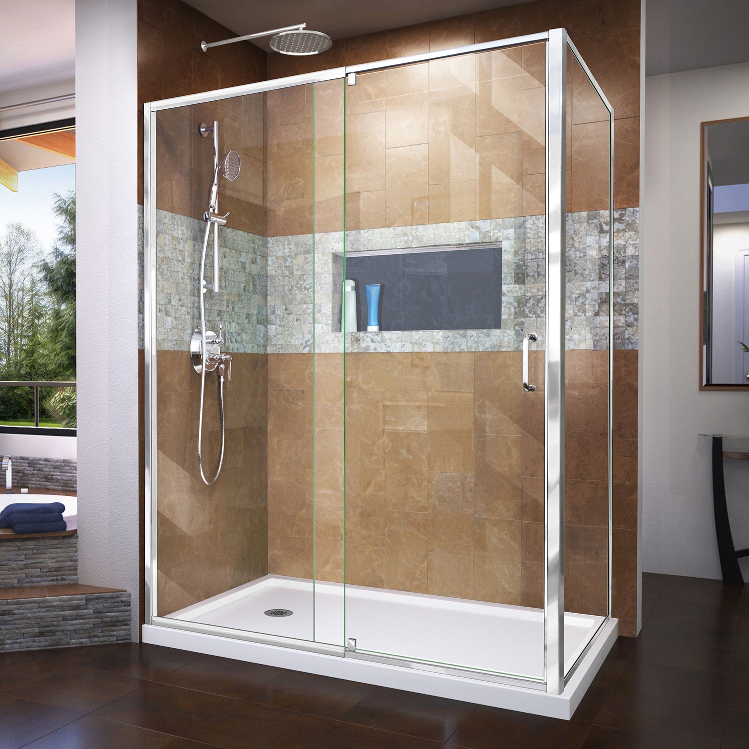 DreamLine Flex 36 in. D x 60 in. W x 74 3/4 in. H Semi-Frameless Pivot Shower Enclosure in Chrome with Left Drain White Base Kit