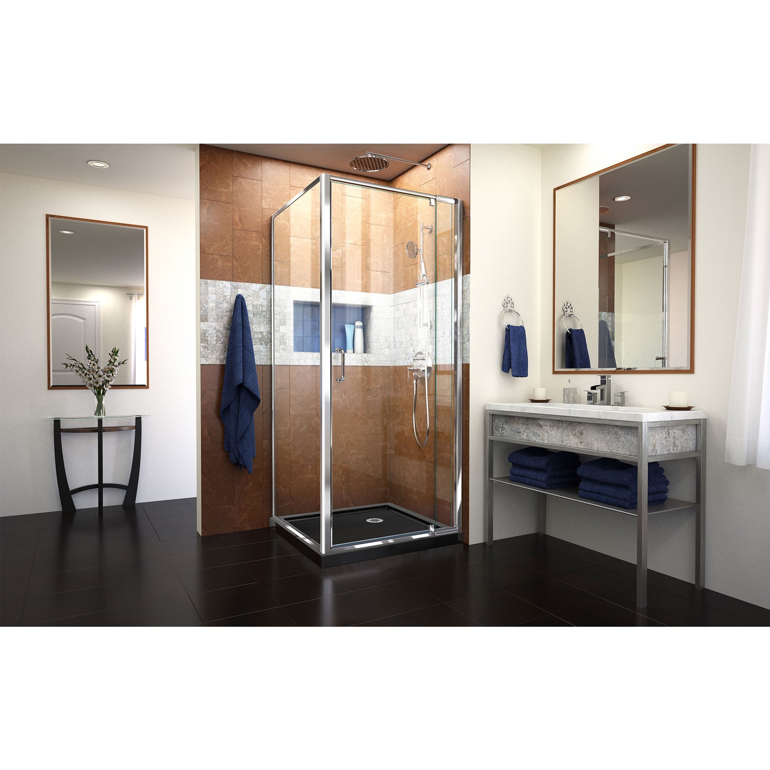 DreamLine Flex 32 in. D x 32 in. W x 74 3/4 in. H Semi-Frameless Pivot Shower Enclosure in Chrome with Corner Drain Black Base