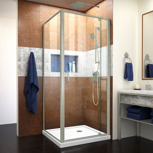 DreamLine Flex 36 in. D x 36 in. W x 74 3/4 in. H Semi-Frameless Pivot Shower Enclosure in Brushed Nickel and White Base Kit