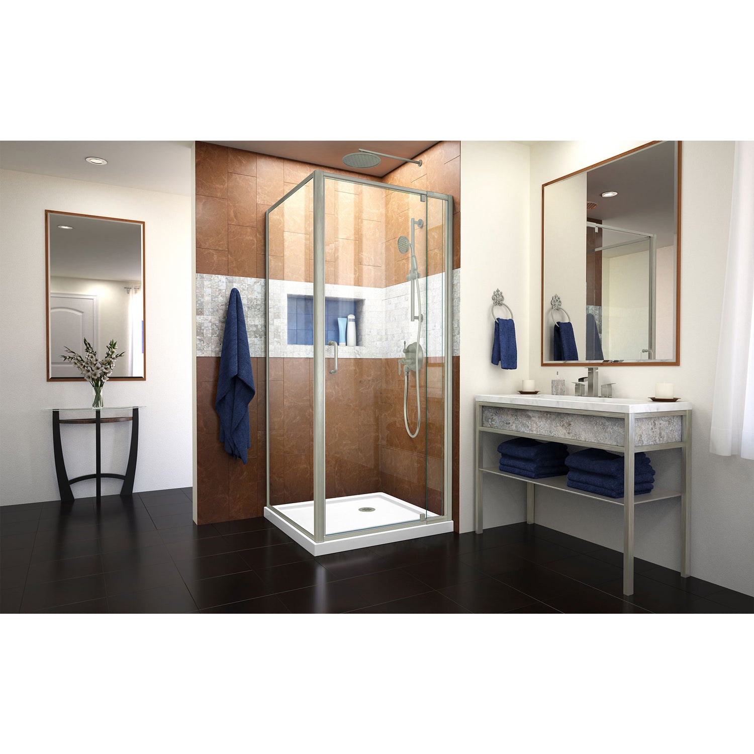 DreamLine Flex 36 in. D x 36 in. W x 74 3/4 in. H Semi-Frameless Pivot Shower Enclosure in Brushed Nickel and White Base Kit