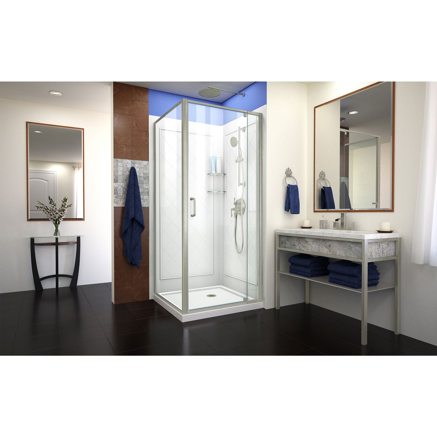 DreamLine Flex 36 in. D x 36 in. W x 76 3/4 in. H Semi-Frameless Shower Enclosure in Brushed Nickel with White Base and Wall Kit