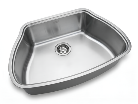 Stainless steel kitchen sink on a white background