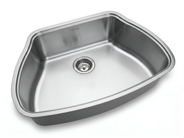 Stainless steel kitchen sink on a white background