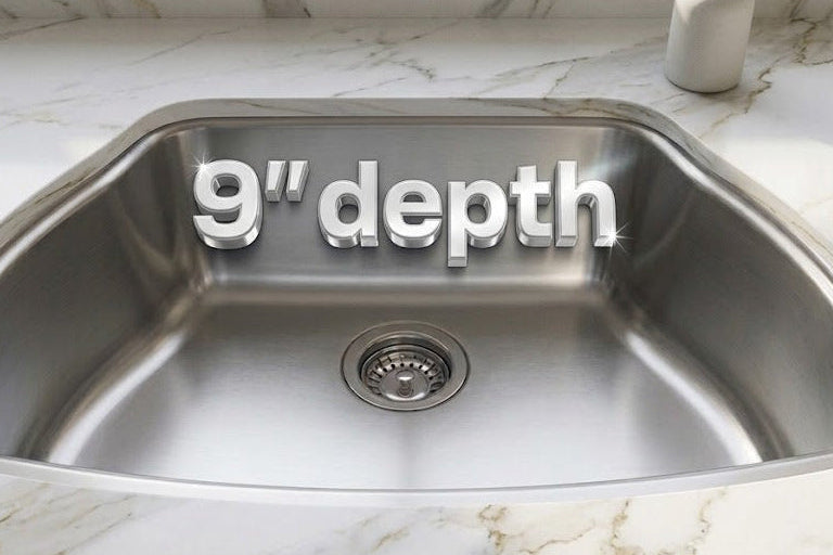 Stainless steel kitchen sink on a marble countertop with text indicating depth.