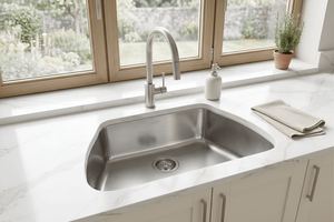 Stainless steel kitchen sink in a modern kitchen with marble countertop and window view.