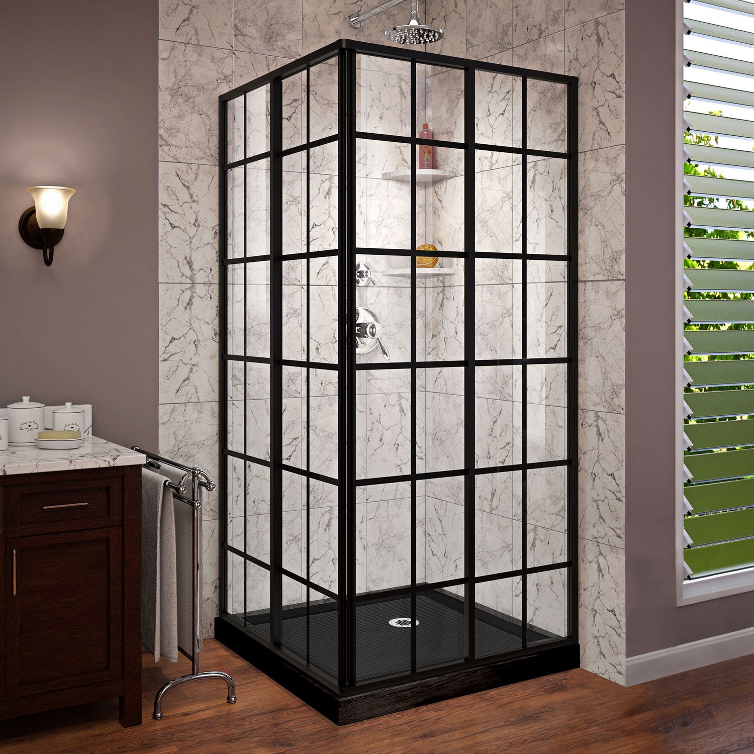 DreamLine French Corner 36 in. D x 36 in. W x 74 3/4 in. H Sliding Shower Enclosure in Satin Black and Corner Drain Black Base Kit
