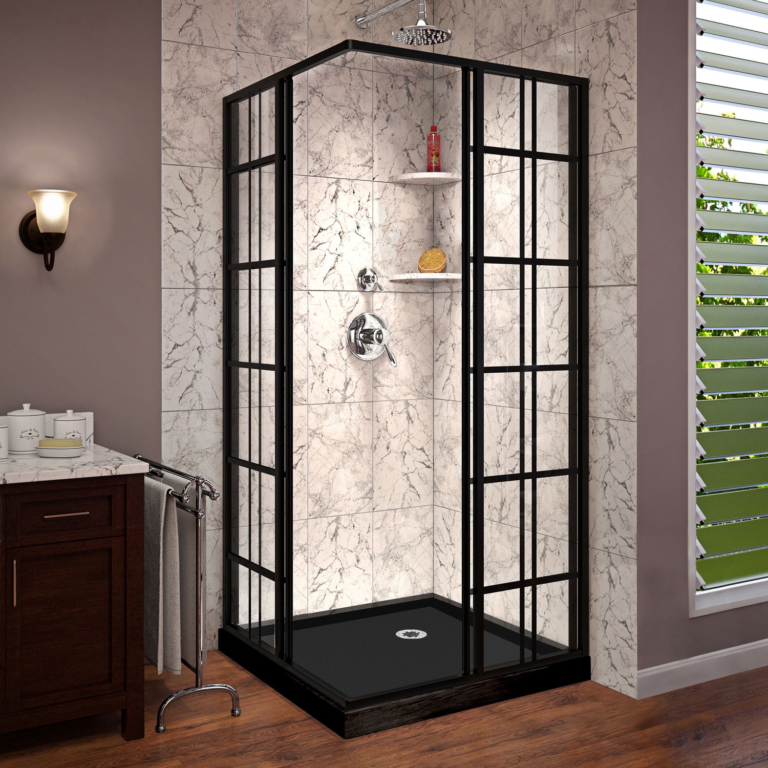 DreamLine French Corner 36 in. D x 36 in. W x 74 3/4 in. H Sliding Shower Enclosure in Satin Black and Corner Drain Black Base Kit