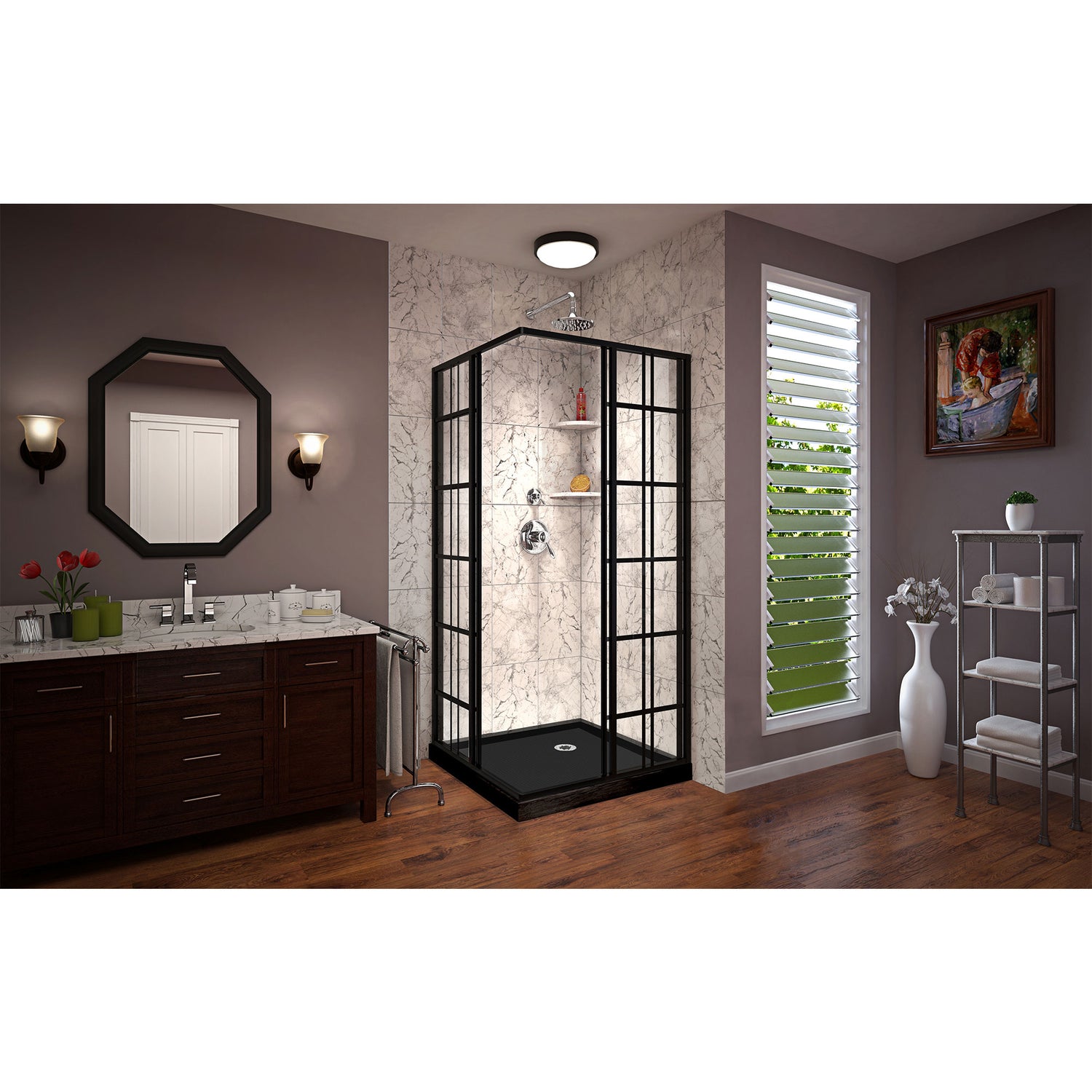 DreamLine French Corner 36 in. D x 36 in. W x 74 3/4 in. H Sliding Shower Enclosure in Satin Black and Corner Drain Black Base Kit