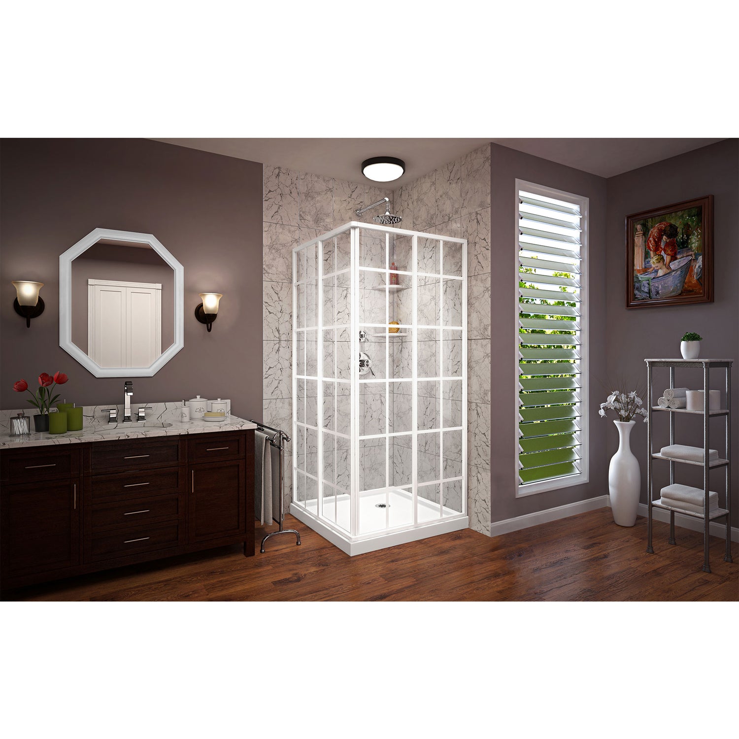 DreamLine French Corner 36 in. D x 36 in. W x 74 3/4 in. H Sliding Shower Enclosure in White and Corner Drain White Base Kit